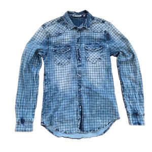 ENOS Men's stylish blue checked denim shirt with long sleeves Medium A001617
